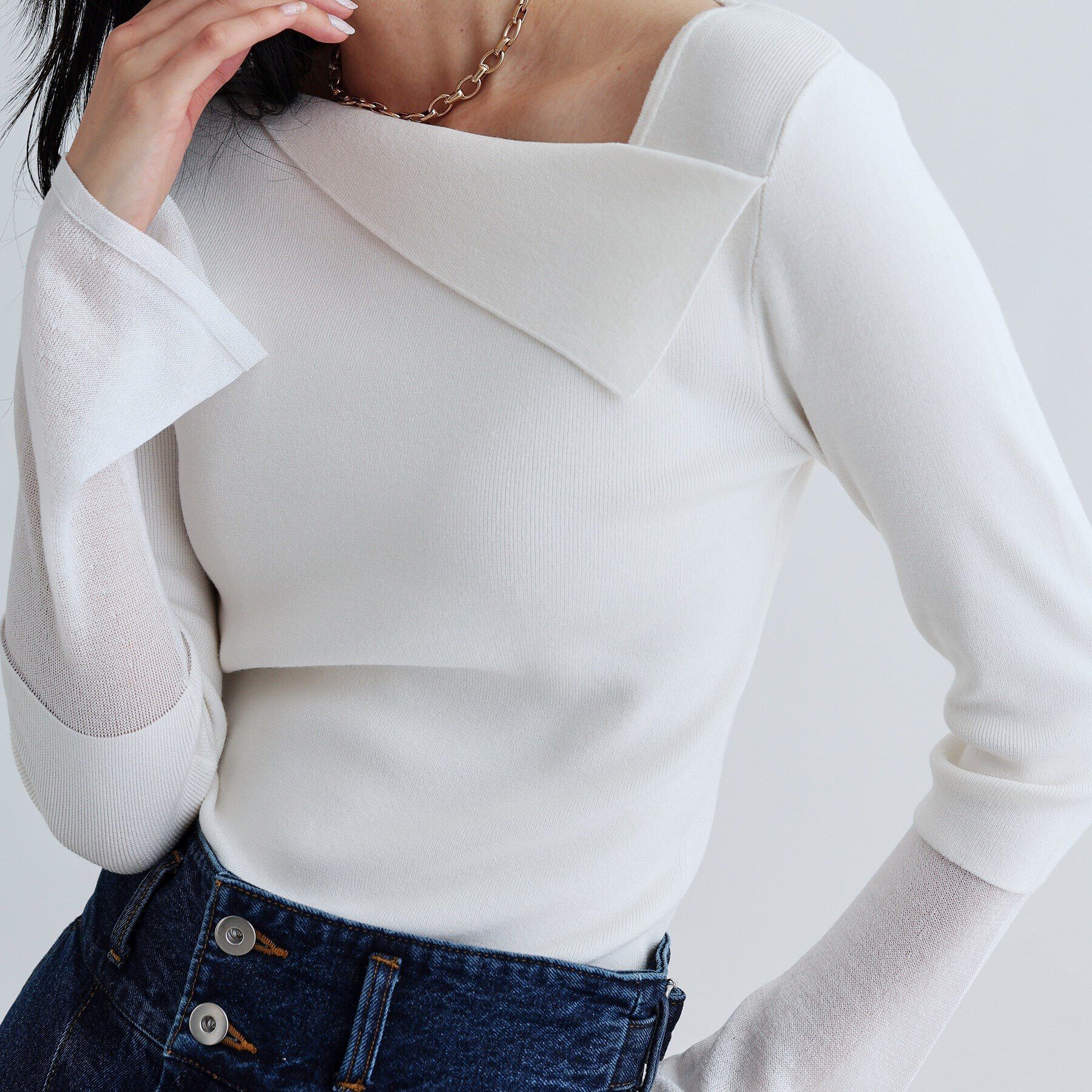 GALLEST「シアーベルスリーブニット」|ニット・セーター|ホワイト(001)