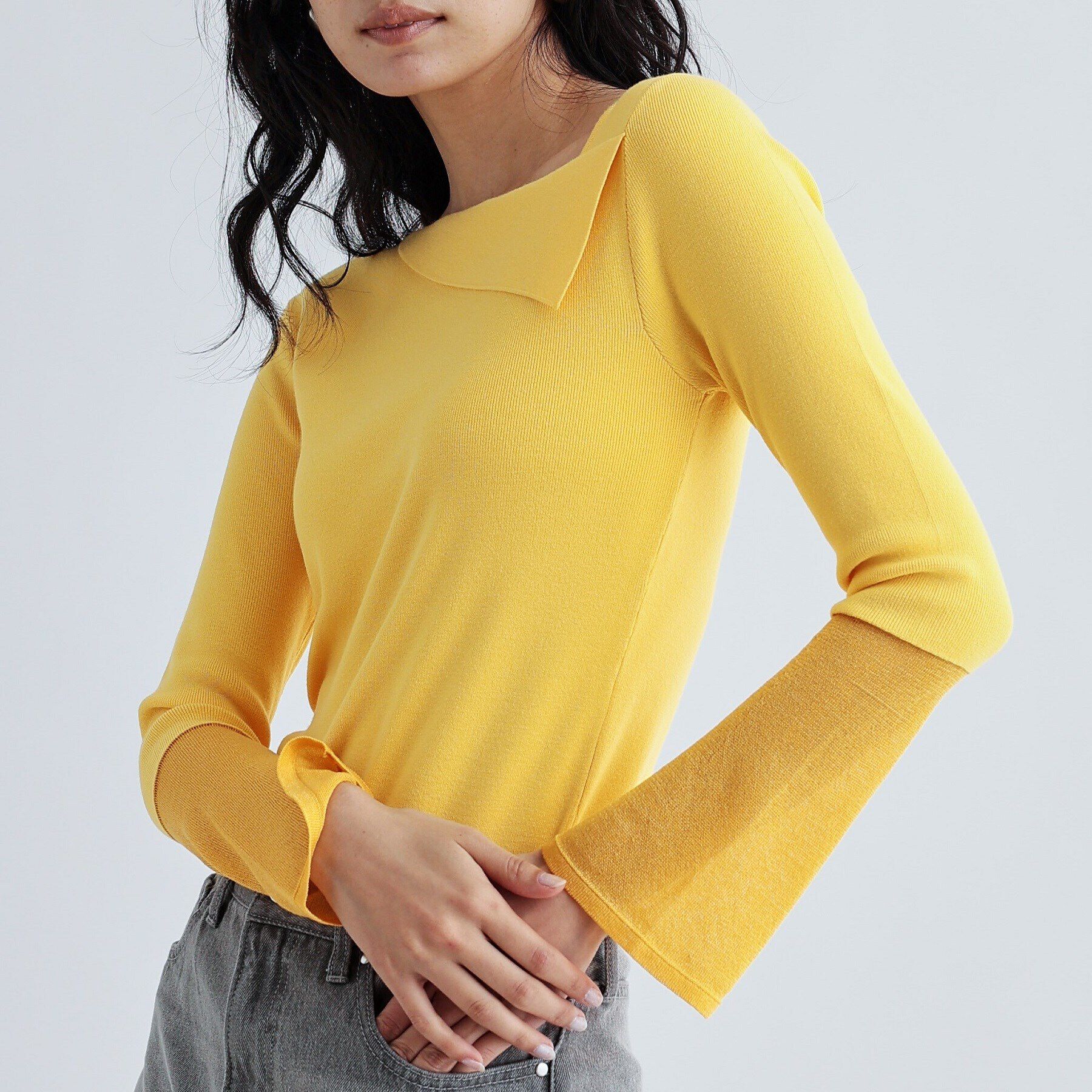 GALLEST「シアーベルスリーブニット」|ニット・セーター|イエロー(031)