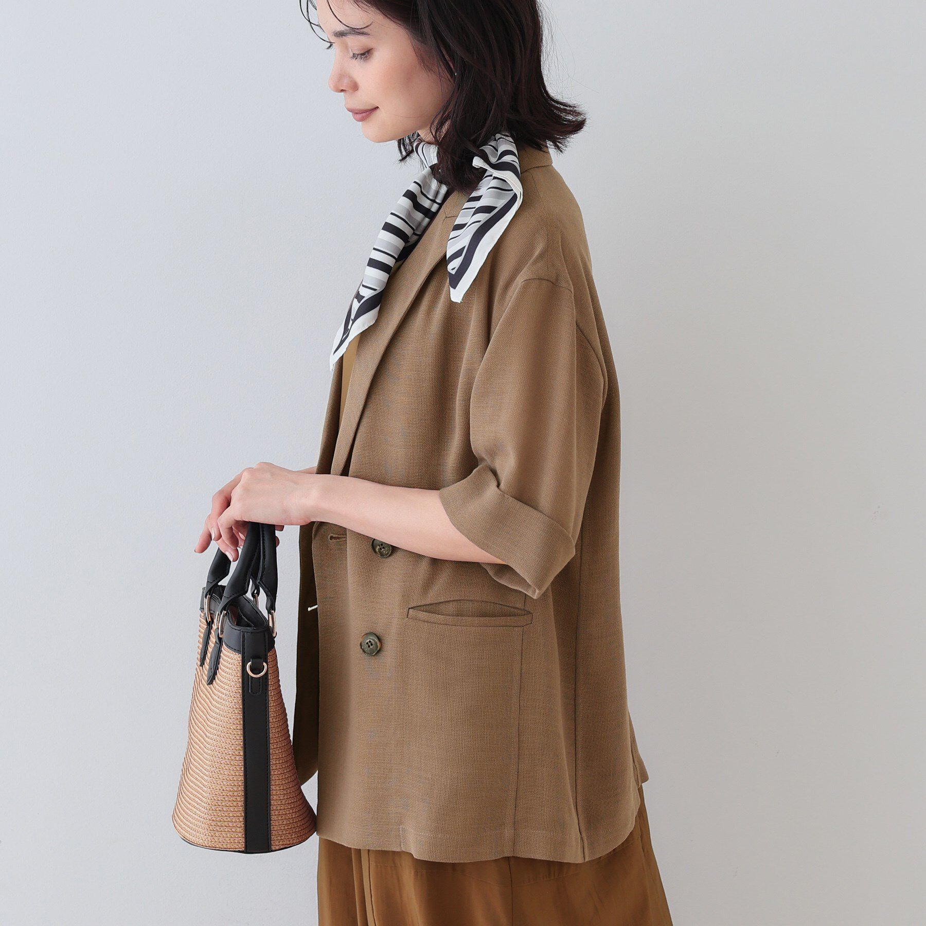 INDIVI「【洗える／メッシュ素材】リネンライク半袖ダブルジャケット」|テーラードジャケット|