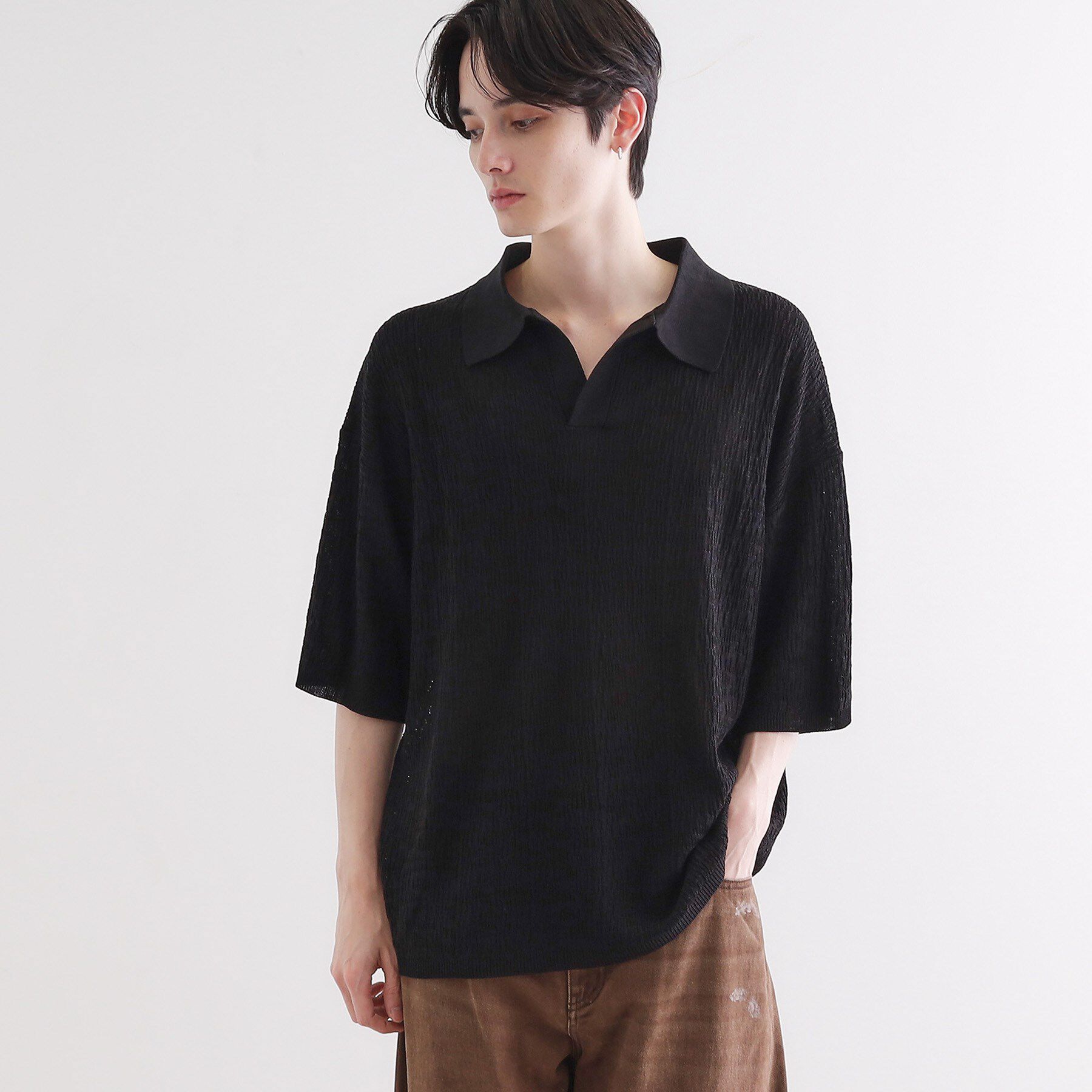 tk.TAKEO KIKUCHI「スキッパーニットポロシャツ」|ポロシャツ|ブラック(019)