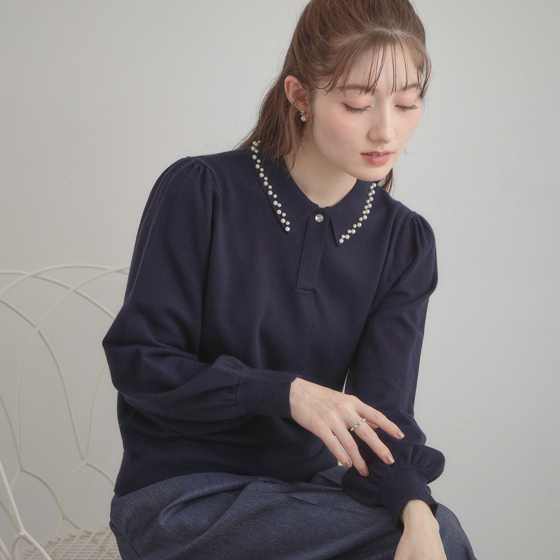Couture broach「【洗える・着映え】パール調衿ニット」|ニット・セーター|