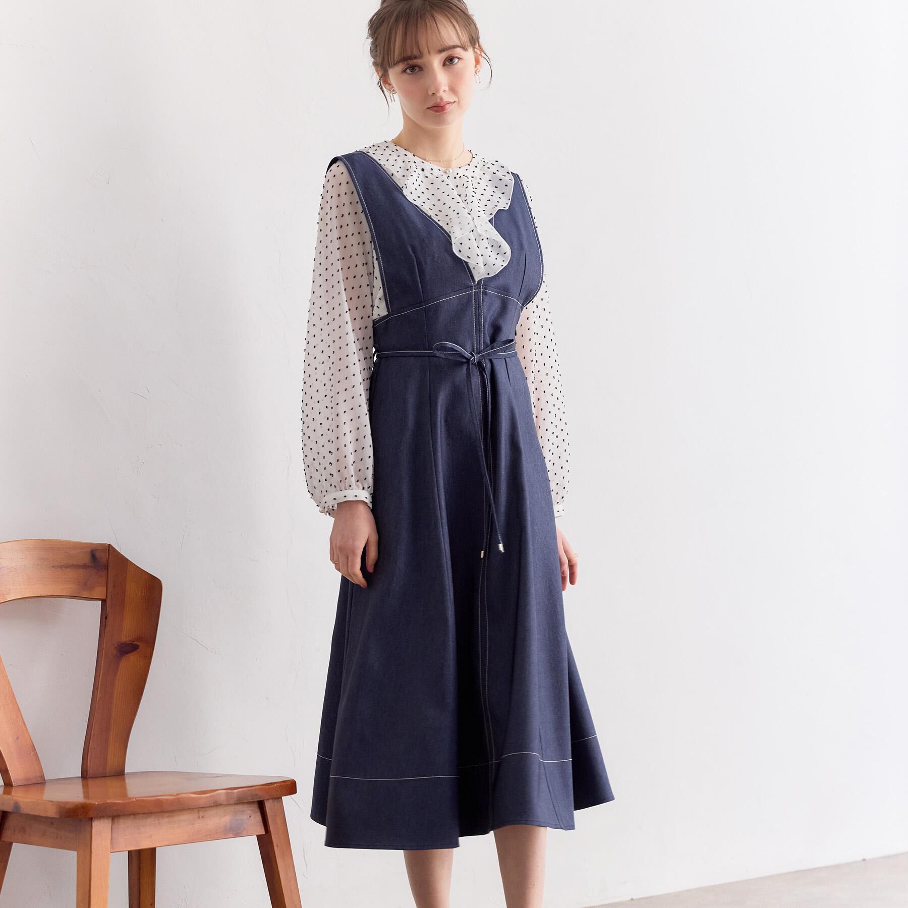 Couture broach「【洗える】デニムライク細リボンジャンスカ」|ワンピース|