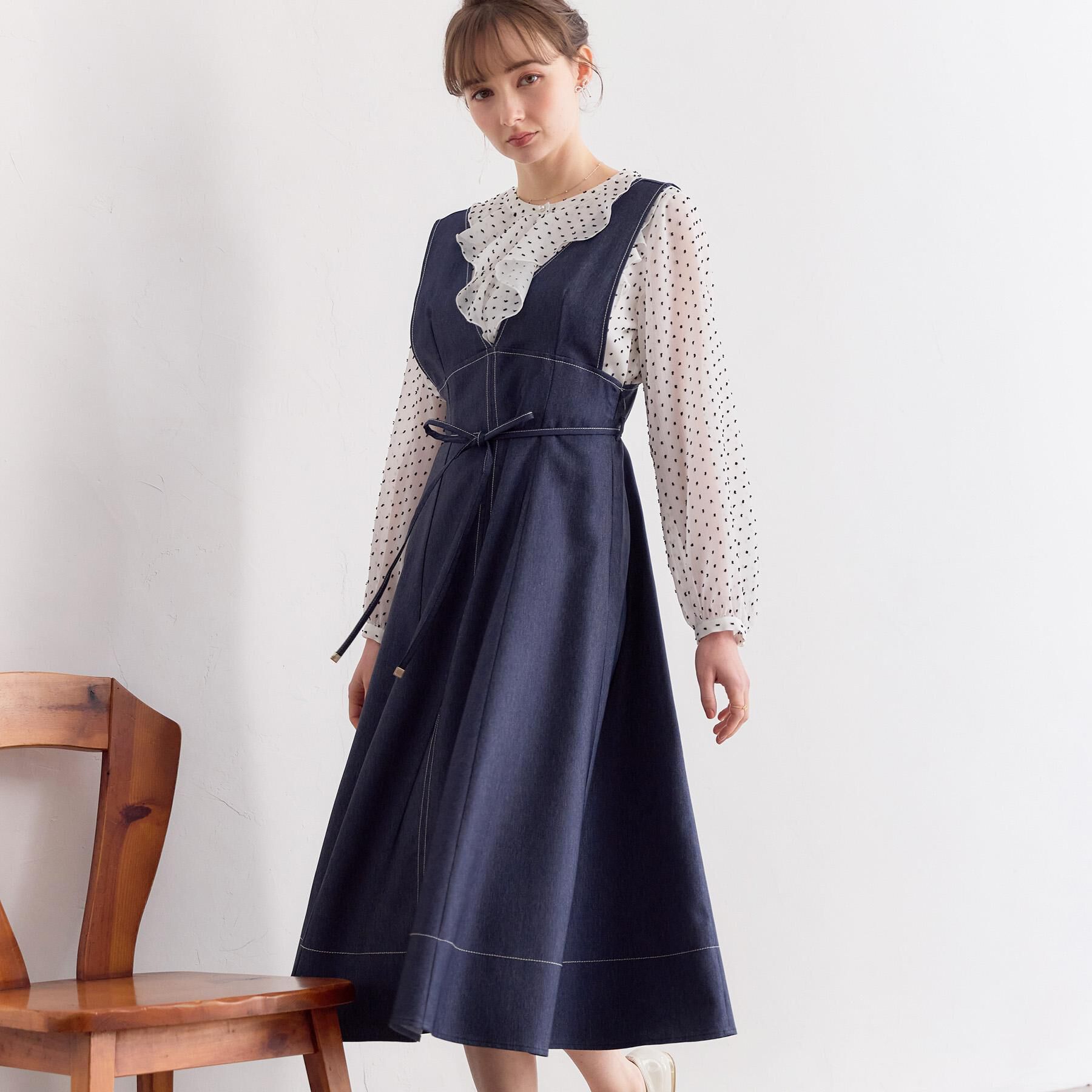Couture broach「【洗える】デニムライク細リボンジャンスカ」|ワンピース|