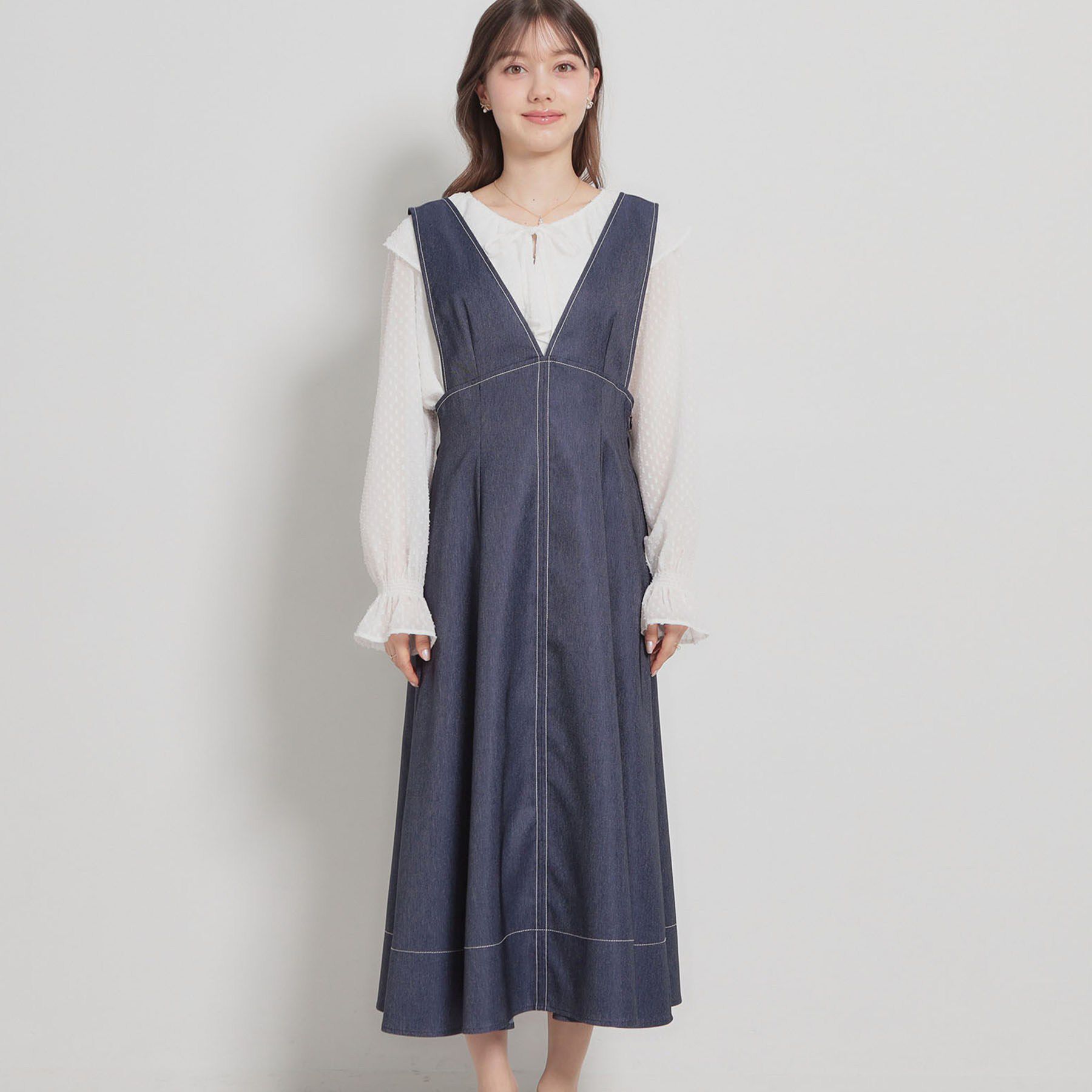 Couture broach「【洗える】デニムライク細リボンジャンスカ」|ワンピース|