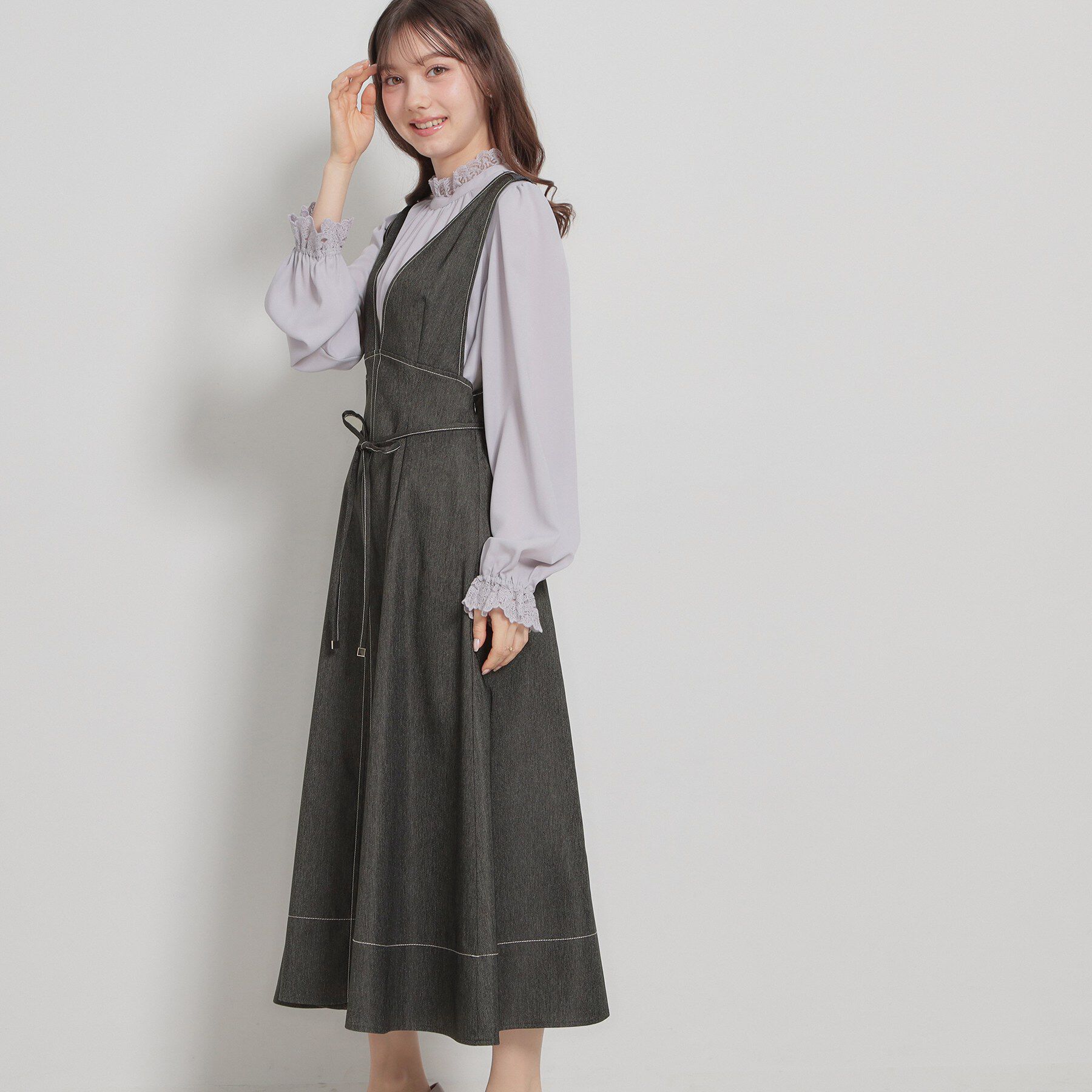 Couture broach「【洗える】デニムライク細リボンジャンスカ」|ワンピース|
