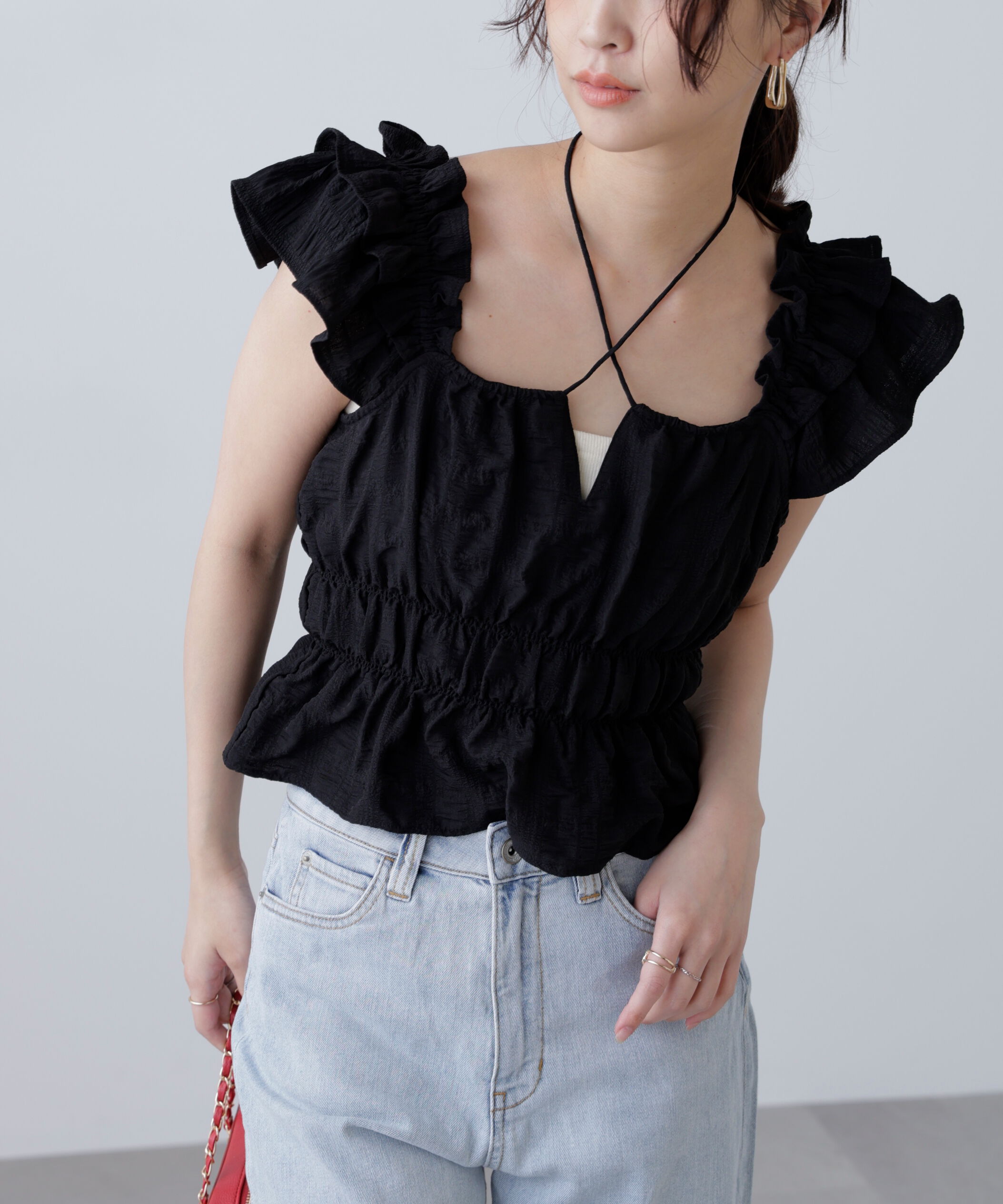  「前後2way肩フリルシャーリングペプラムブラウス」|シャツ・ブラウス|