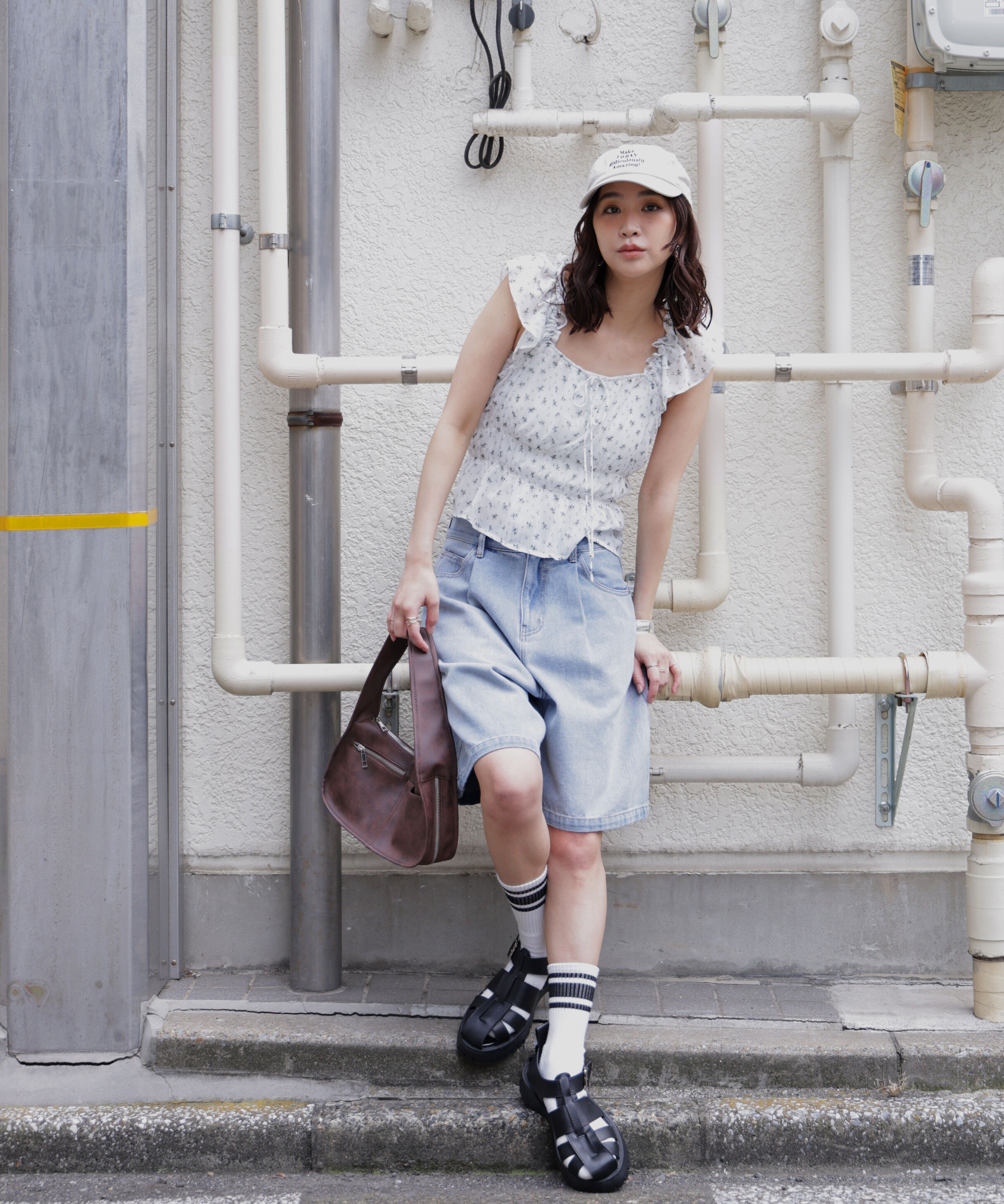  「前後2way肩フリルシャーリングペプラムブラウス」|シャツ・ブラウス|