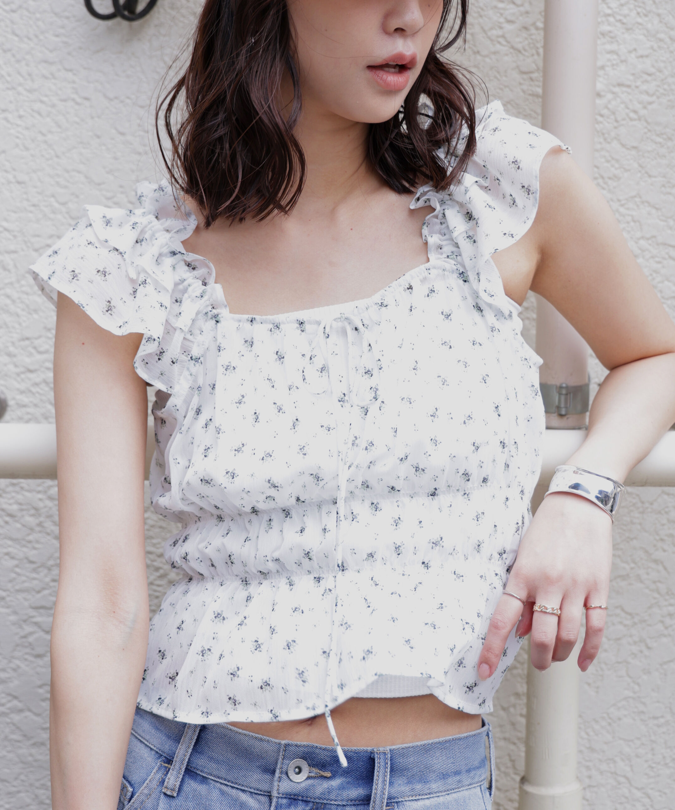  「前後2way肩フリルシャーリングペプラムブラウス」|シャツ・ブラウス|