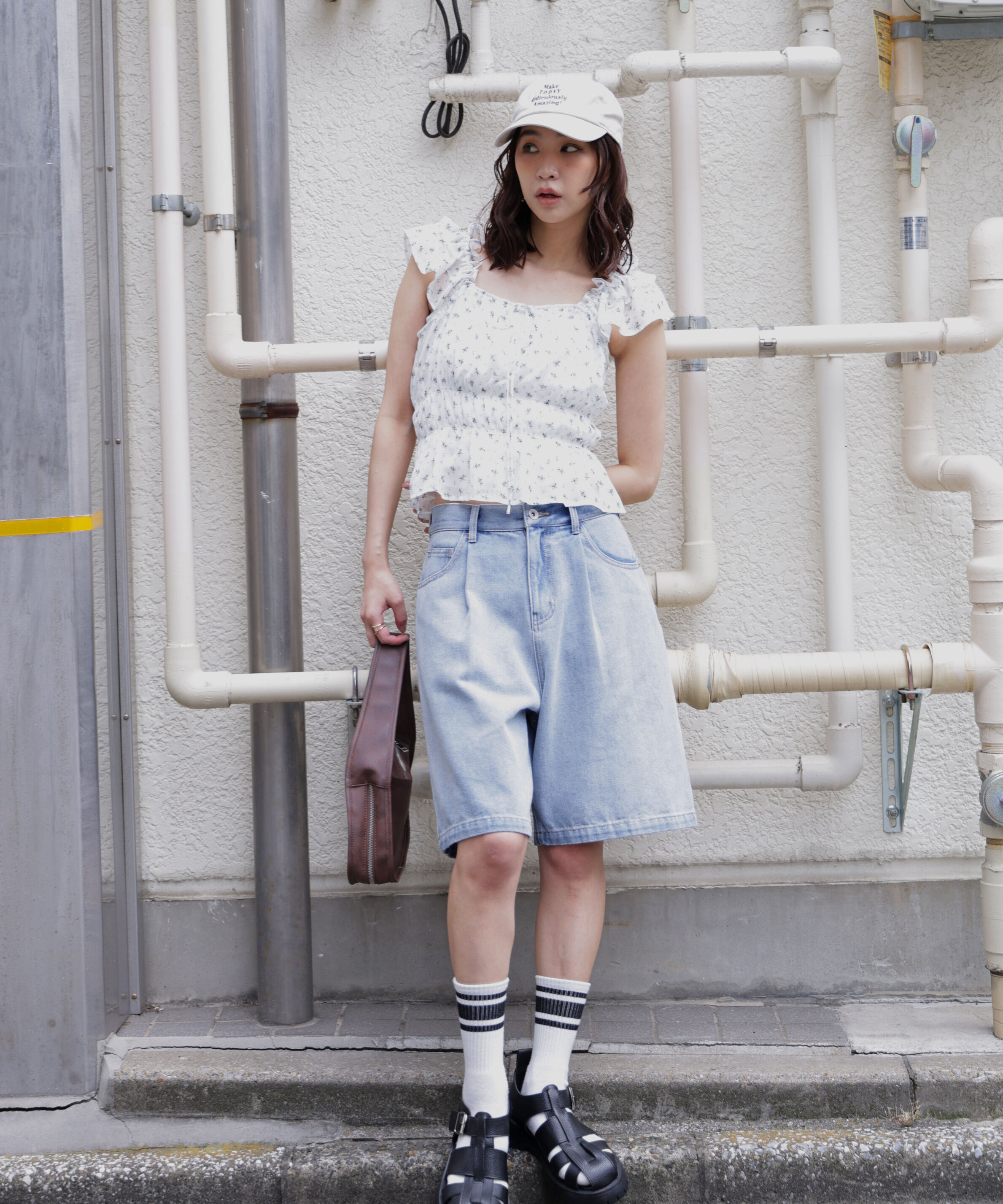  「前後2way肩フリルシャーリングペプラムブラウス」|シャツ・ブラウス|