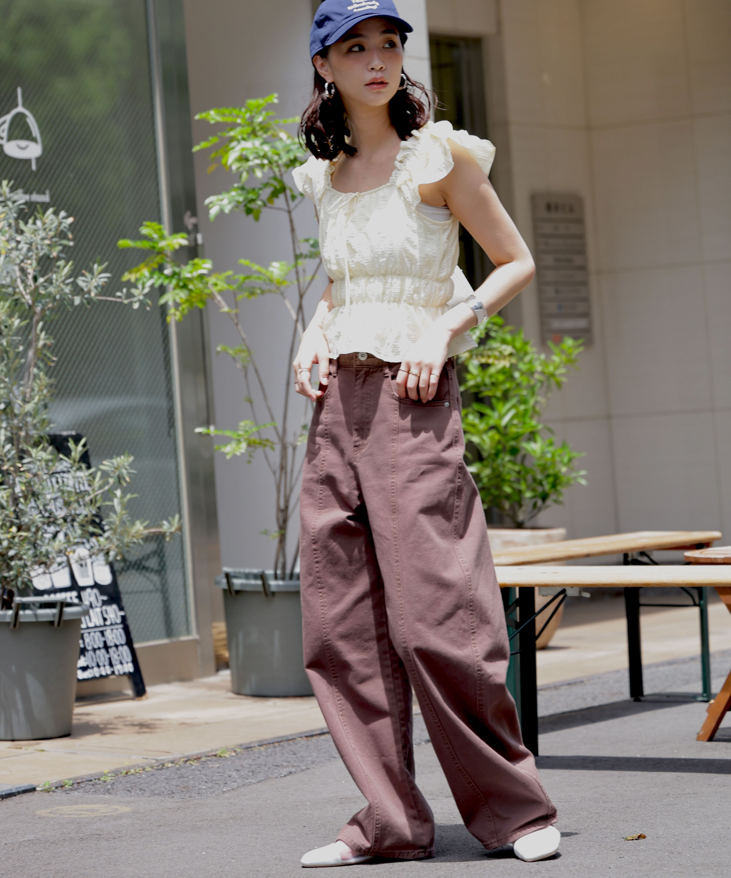  「前後2way肩フリルシャーリングペプラムブラウス」|シャツ・ブラウス|