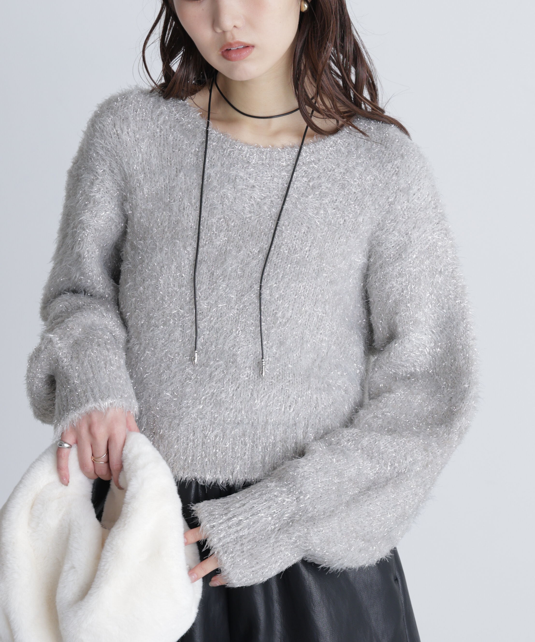 「ラメフェザープルオーバーニット」|ニット・セーター|グレー