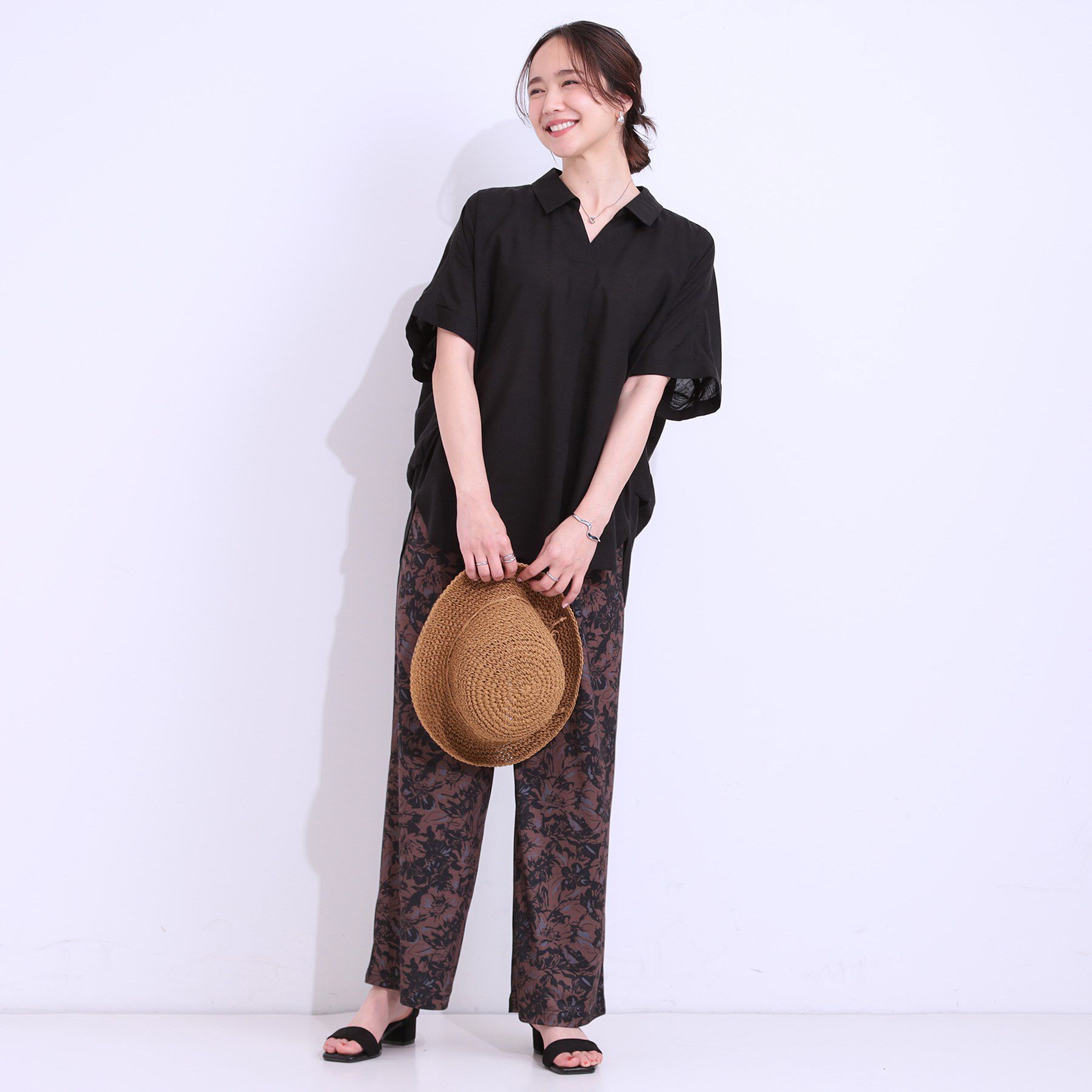 SHOO･LA･RUE「【S-LL/UV/接触冷感/抗菌防臭】体型を自然にカバー フレンチリネンブレンド襟付ドルマンシャツ」|シャツ・ブラウス|