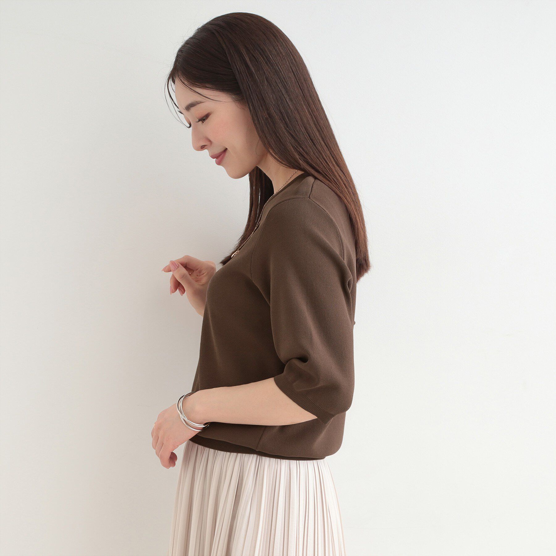 SHOO･LA･RUE「【毎日洗える/S-LL】上半身がすっきり見える　多機能5分袖ニット」|ニット・セーター|