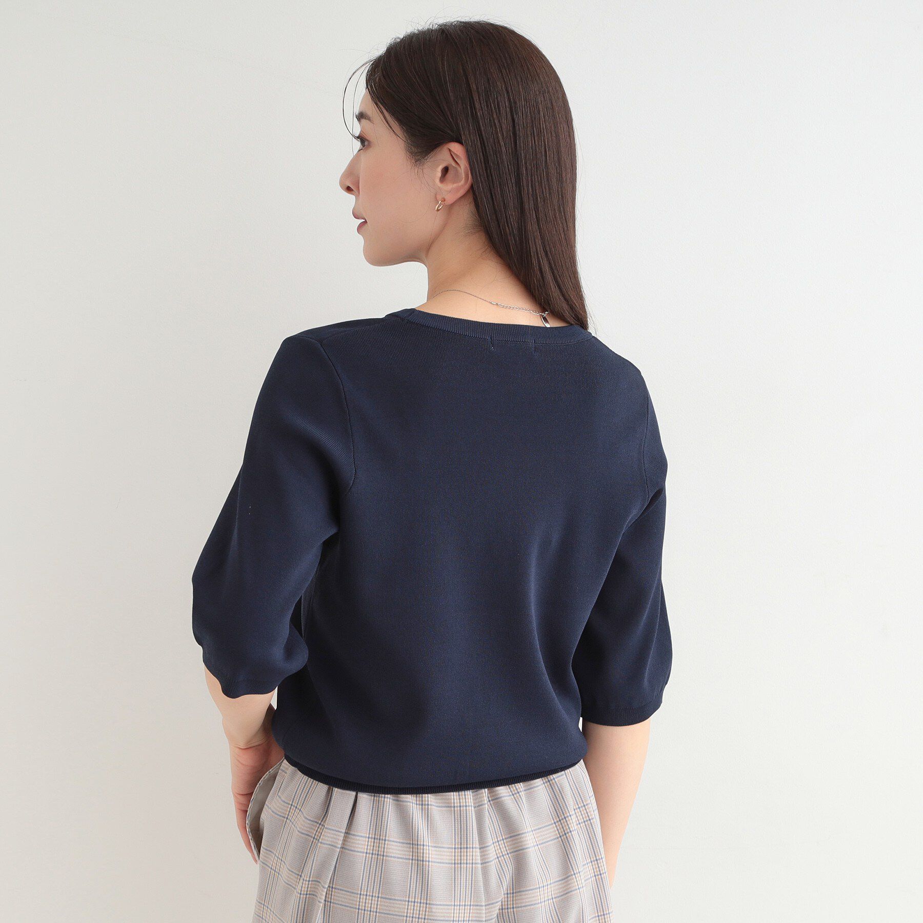 SHOO･LA･RUE「【毎日洗える/S-LL】上半身がすっきり見える　多機能5分袖ニット」|ニット・セーター|