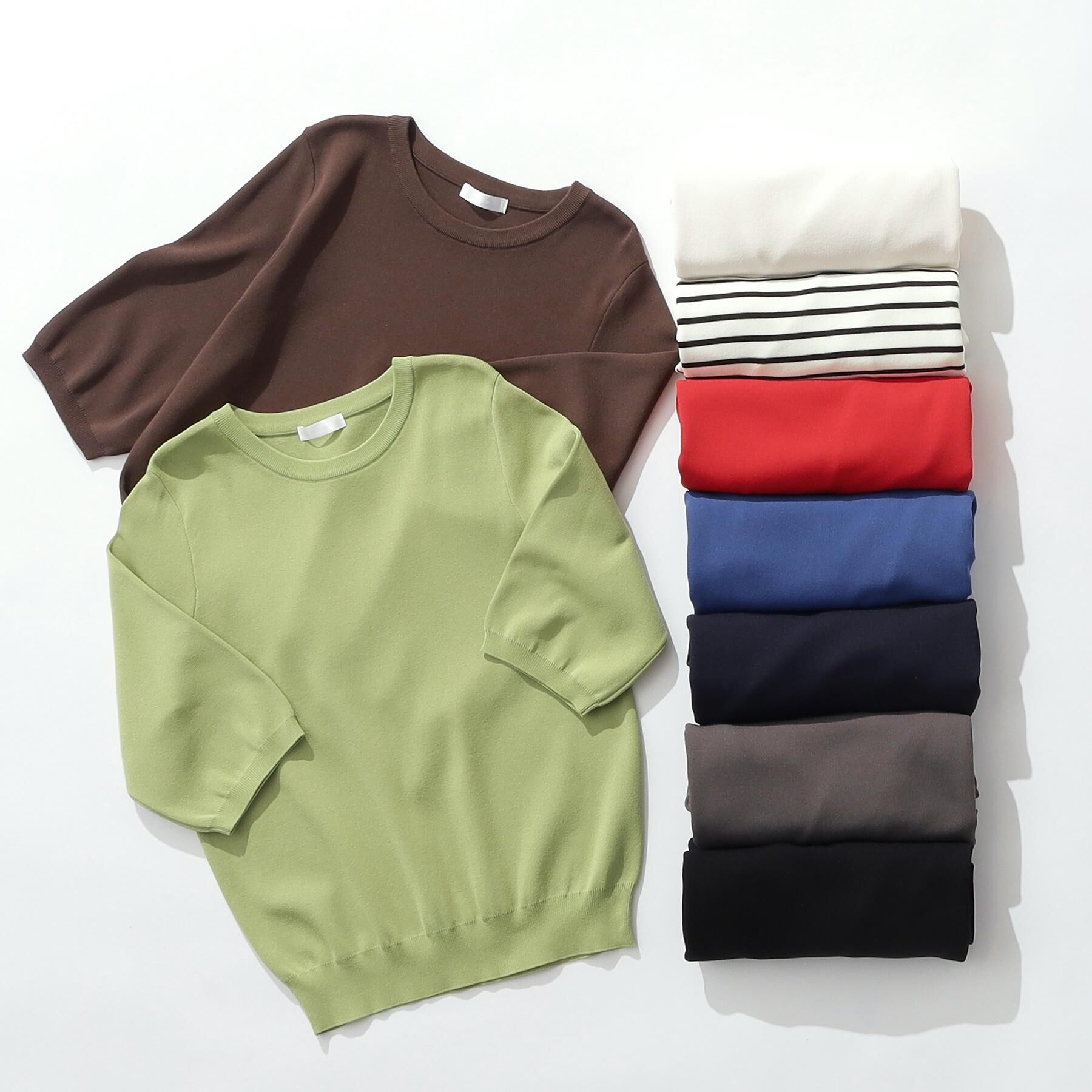 SHOO･LA･RUE「【毎日洗える/S-LL】上半身がすっきり見える　多機能5分袖ニット」|ニット・セーター|