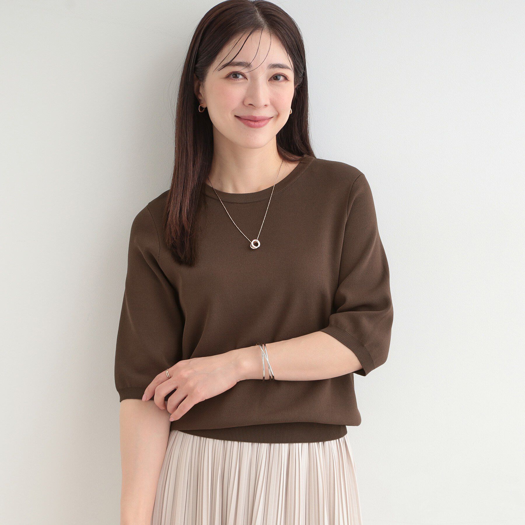 SHOO･LA･RUE「【毎日洗える/S-LL】上半身がすっきり見える　多機能5分袖ニット」|ニット・セーター|