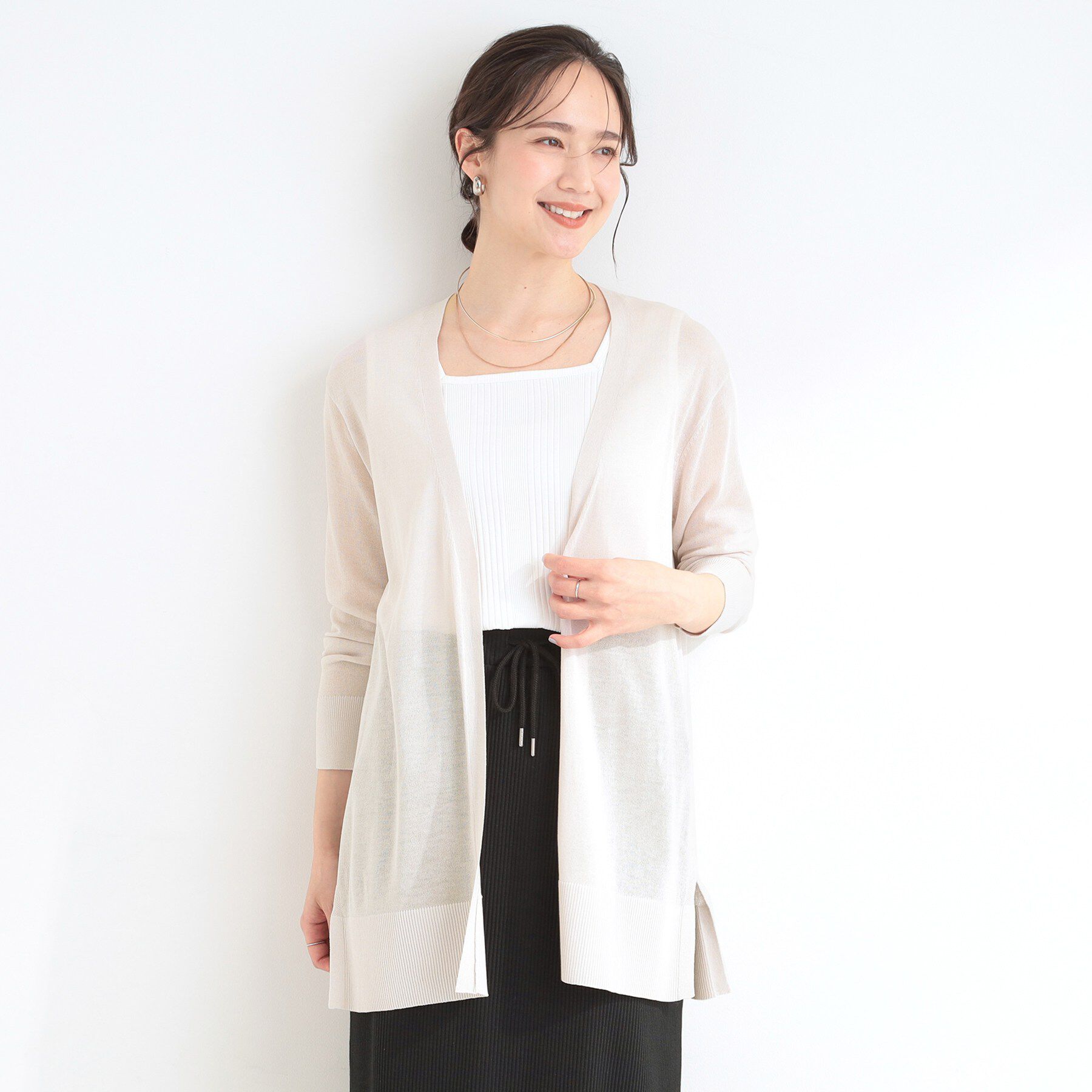 SHOO･LA･RUE「【ひんやり/洗濯機可/S-LL】着る方がすっきり見えに マルチに使えるミドルトッパーカーディガン」|カーディガン|