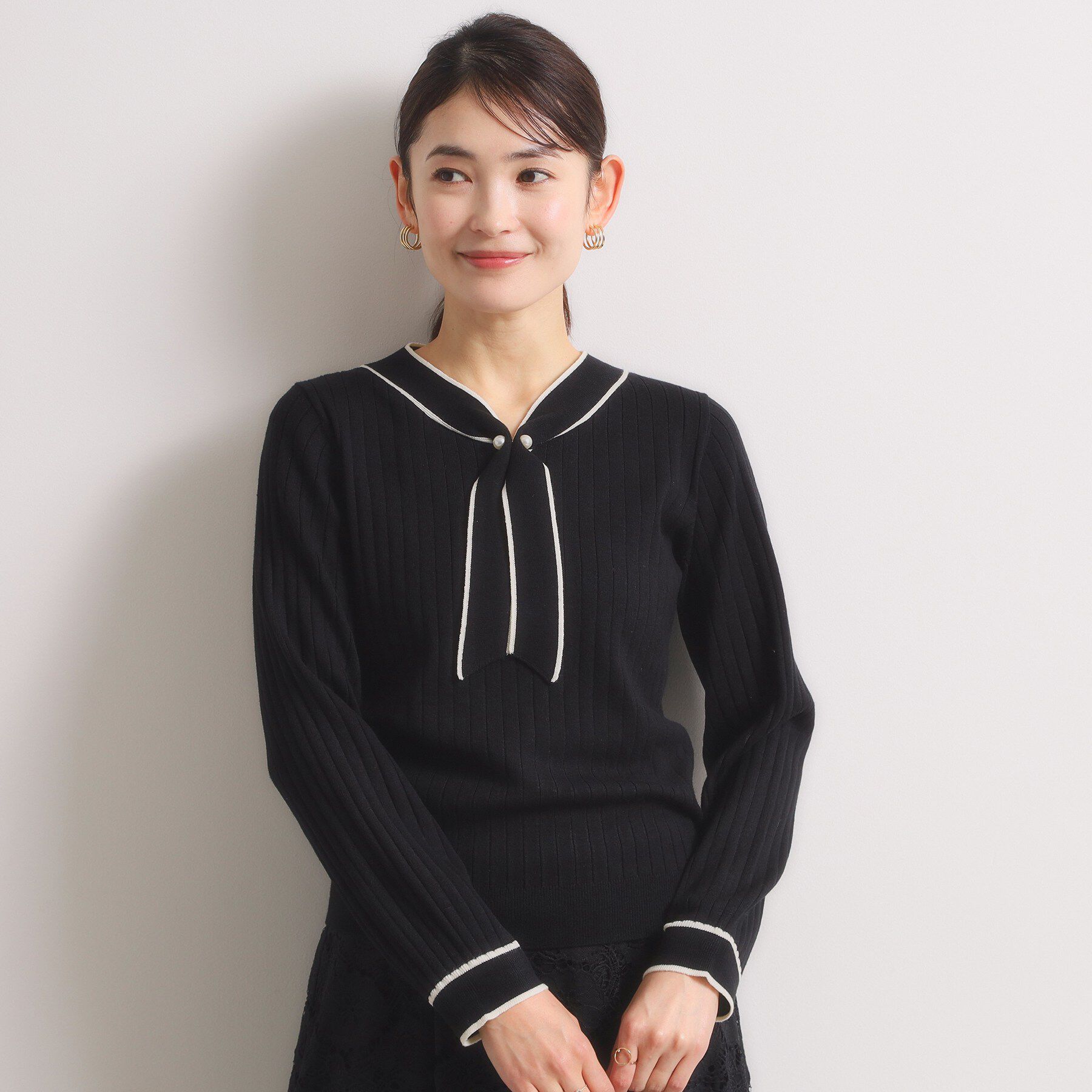 ITS&rsquo;DEMO「【手洗い可】配色ボウタイニット」|ニット・セーター|ブラック(019)