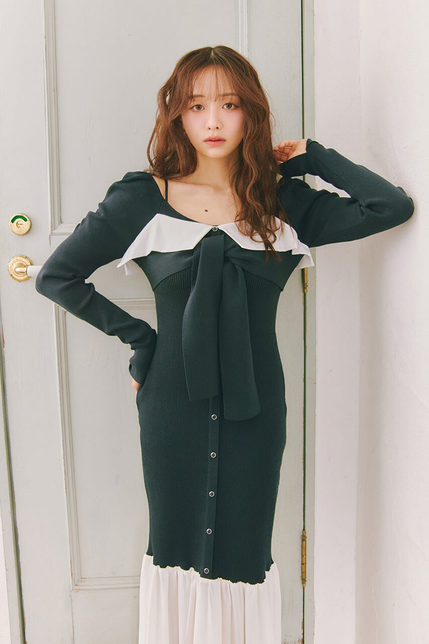 rienda「レイヤードフロントリボンマーメイドニットワンピース」|ワンピース|