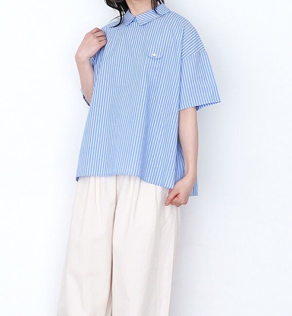 休日と詩「小さなポケットの半袖ブラウス」|シャツ・ブラウス|ブルーストライプ