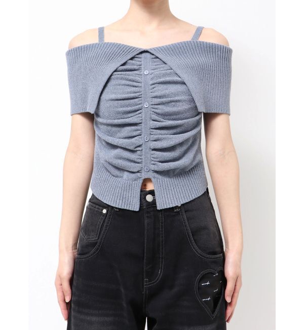 EMODA「フロントボタンオフショルダーニット」|ニット・セーター|ブルー