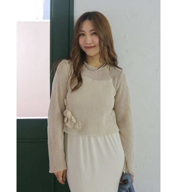 Ungrid「モチーフデザインメッシュロングスリーブTee」|Tシャツ・カットソー|アイボリー