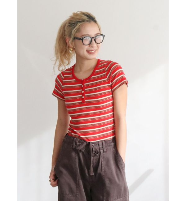 Ungrid「マルチボーダーヘンリーTee」|Tシャツ・カットソー|レッド