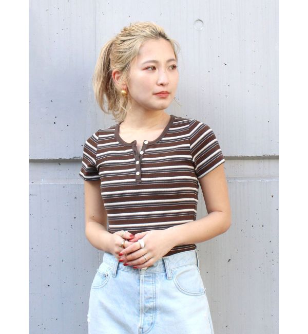 Ungrid「マルチボーダーヘンリーTee」|Tシャツ・カットソー|ブラウン