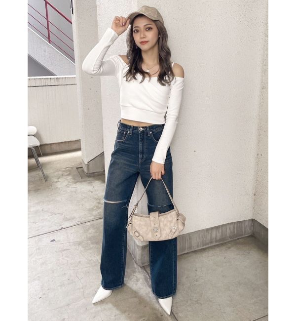 GYDA「ハイウエストfront and backダメージワイドデニムパンツ」|デニム|