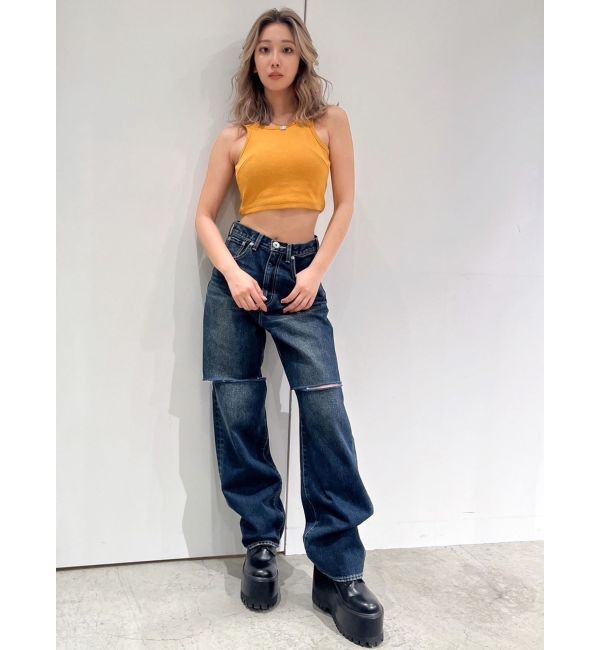 GYDA「ハイウエストfront and backダメージワイドデニムパンツ」|デニム|