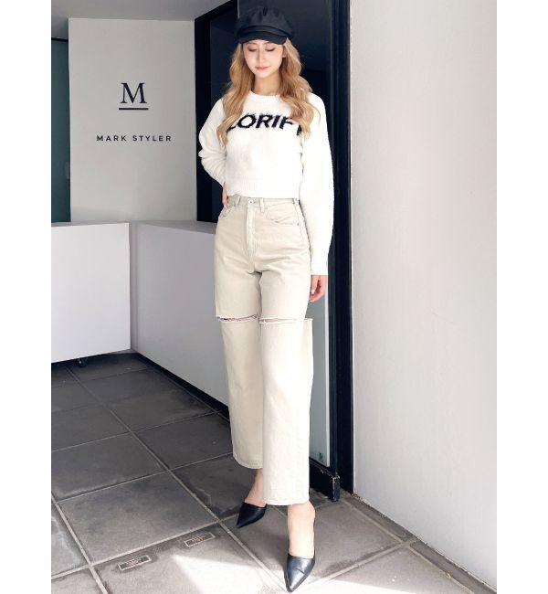 GYDA「ハイウエストfront and backダメージワイドデニムパンツ」|デニム|