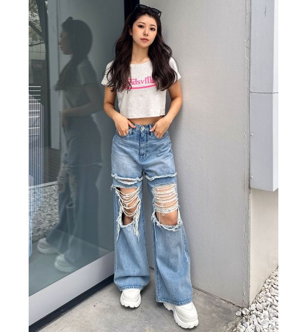 GYDA「ハイウエストThighs cutデザインダメージワイドデニムパンツ」|デニム|