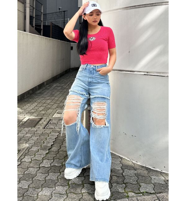 GYDA「ハイウエストThighs cutデザインダメージワイドデニムパンツ」|デニム|