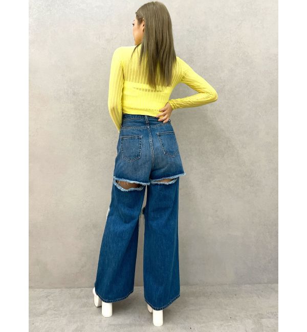 GYDA「ハイウエストThighs cutデザインダメージワイドデニムパンツ」|デニム|