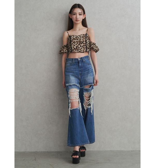 GYDA「ハイウエストThighs cutデザインダメージワイドデニムパンツ」|デニム|