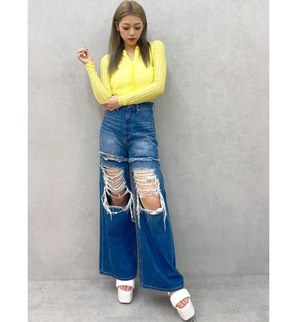 GYDA「ハイウエストThighs cutデザインダメージワイドデニムパンツ」|デニム|
