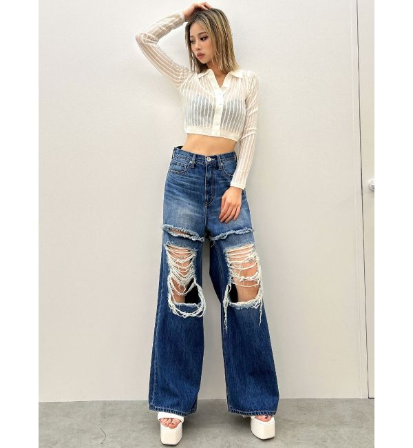 GYDA「ハイウエストThighs cutデザインダメージワイドデニムパンツ」|デニム|