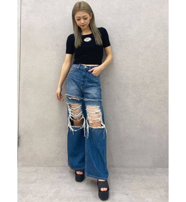 GYDA「ハイウエストThighs cutデザインダメージワイドデニムパンツ」|デニム|