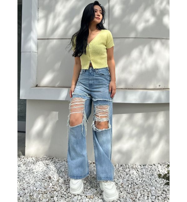 GYDA「ハイウエストThighs cutデザインダメージワイドデニムパンツ」|デニム|