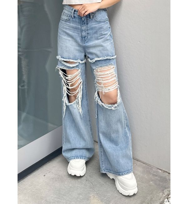 GYDA「ハイウエストThighs cutデザインダメージワイドデニムパンツ」|デニム|アイスブルー
