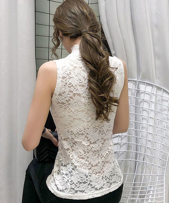 BACKYARD FAMILY「ハイネック レース タンクトップ 通販 ノースリーブ 透け感 トップス ハイネックレースインナー」|その他|