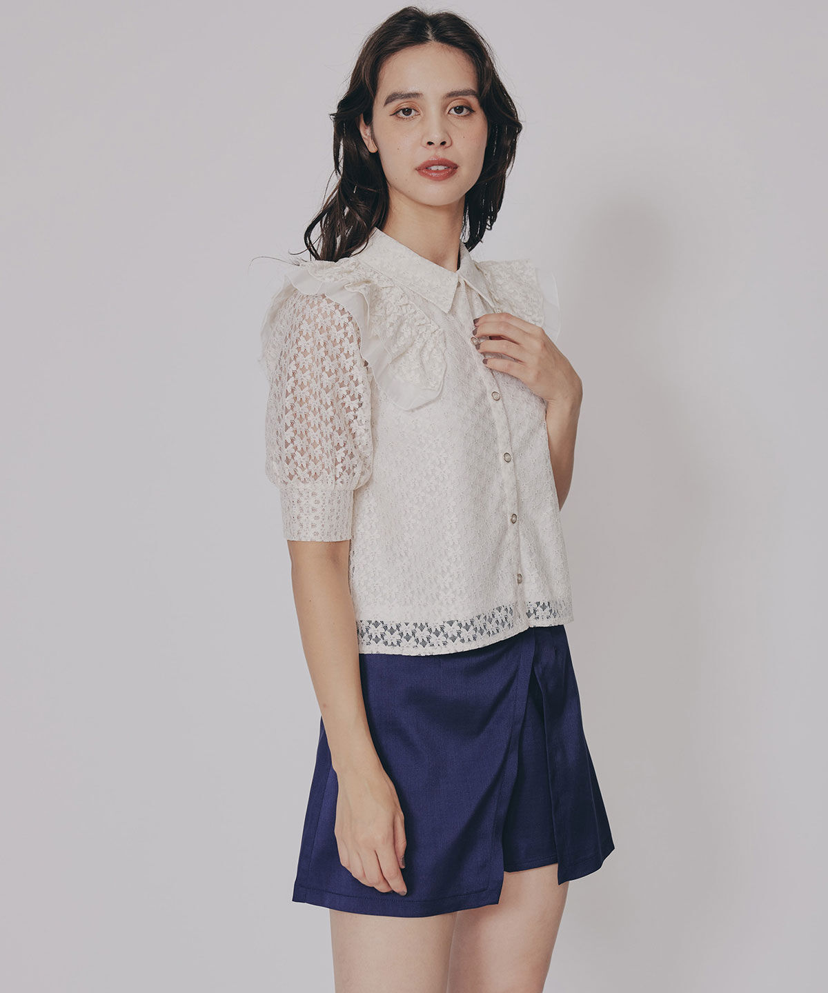 REDYAZEL「ラメレースフリルハーフスリーブブラウス」|シャツ・ブラウス|