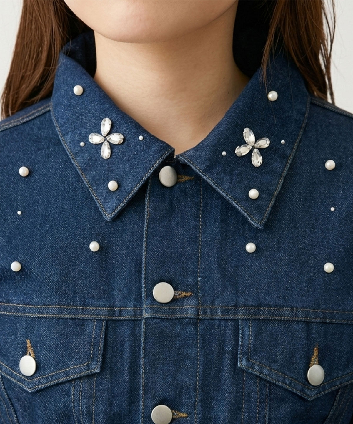 REDYAZEL「フラワービジューパールデニムジャケット」|デニムジャケット|
