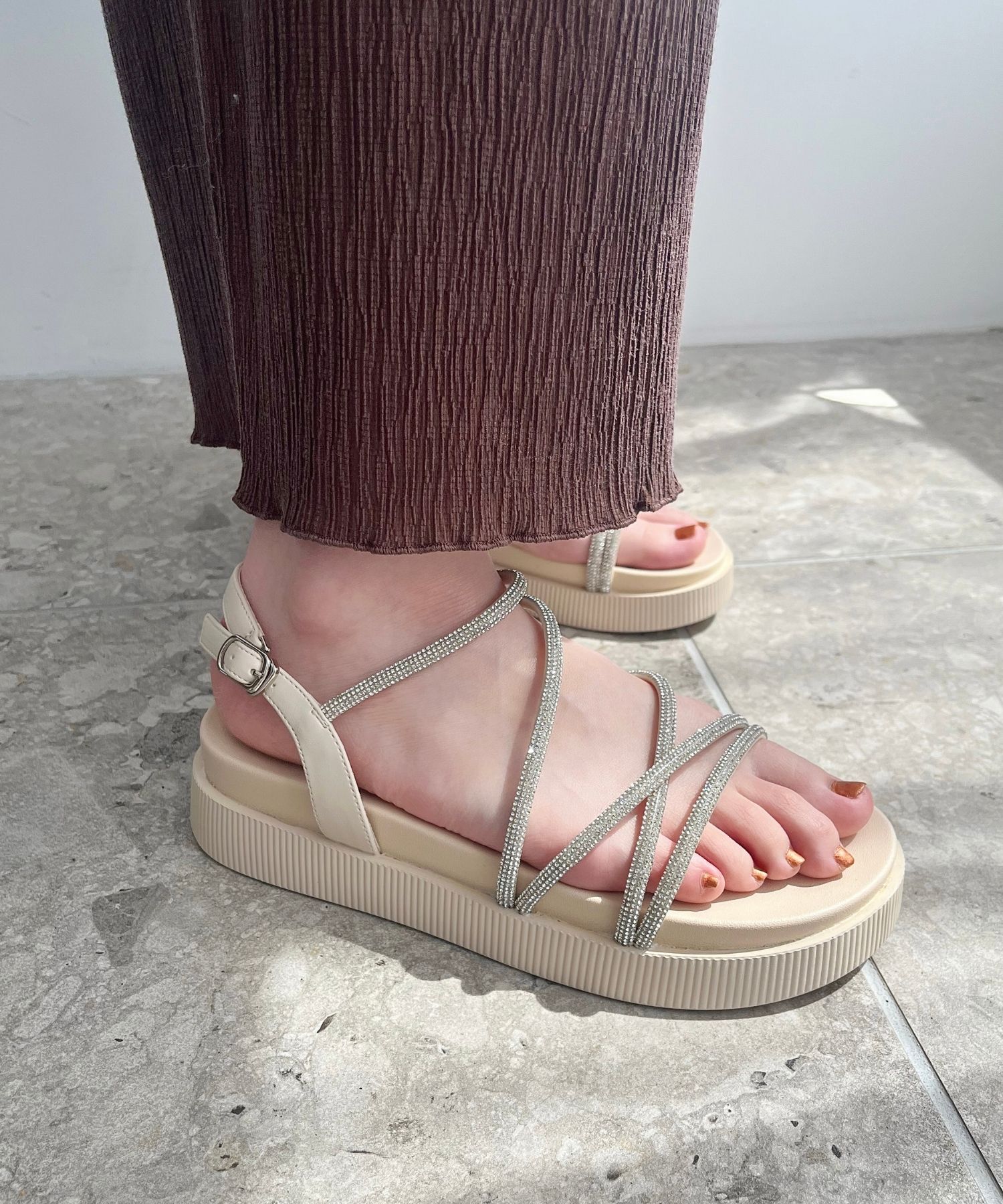 ORiental TRaffic「【追加】ラインストーンストラップサンダル/41217 サンダル 人気 トレンド 売れてる ラインストーン」|サンダル|