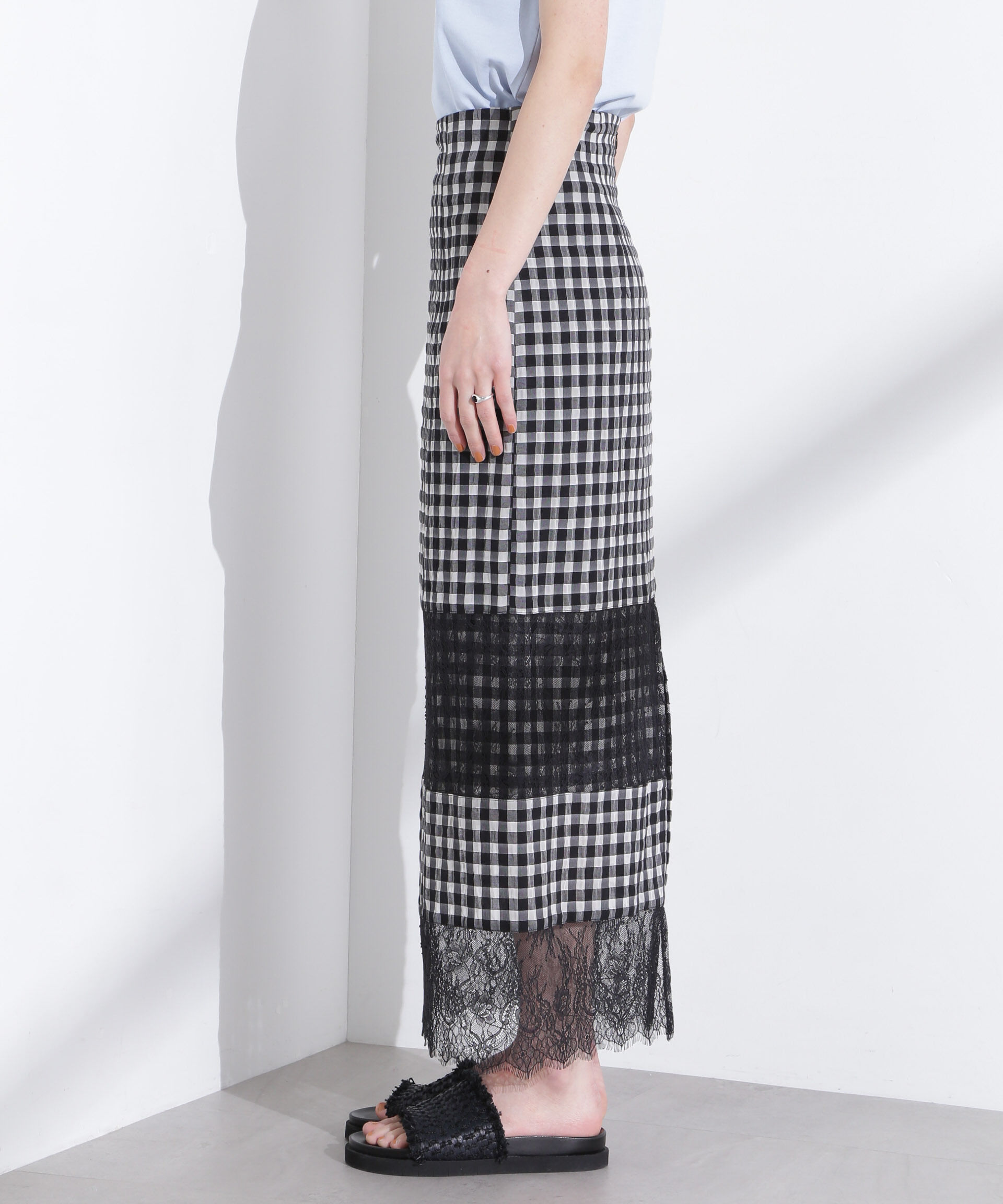 nano･universe「シアーチェックレースボーダーマキシスカート」|スカート|