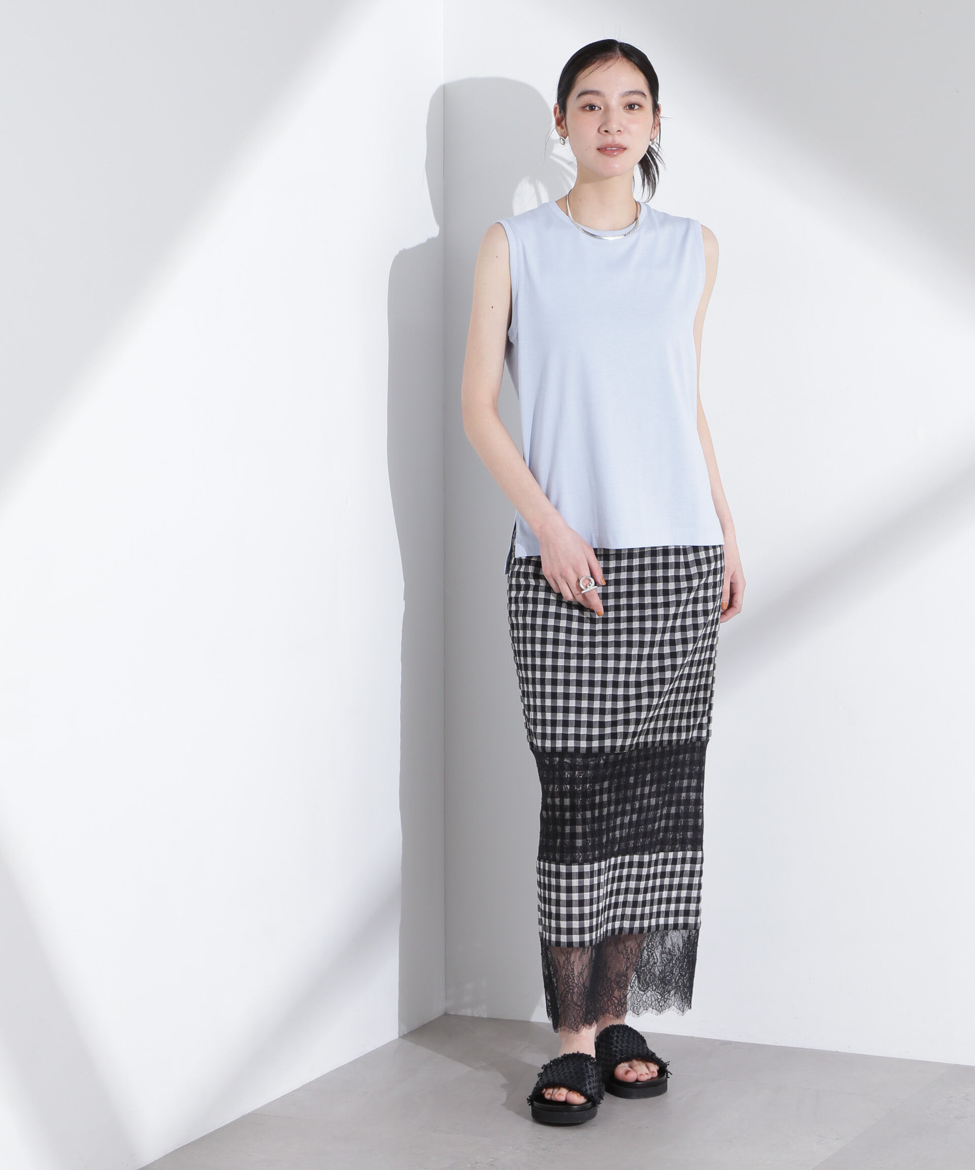 nano･universe「シアーチェックレースボーダーマキシスカート」|スカート|