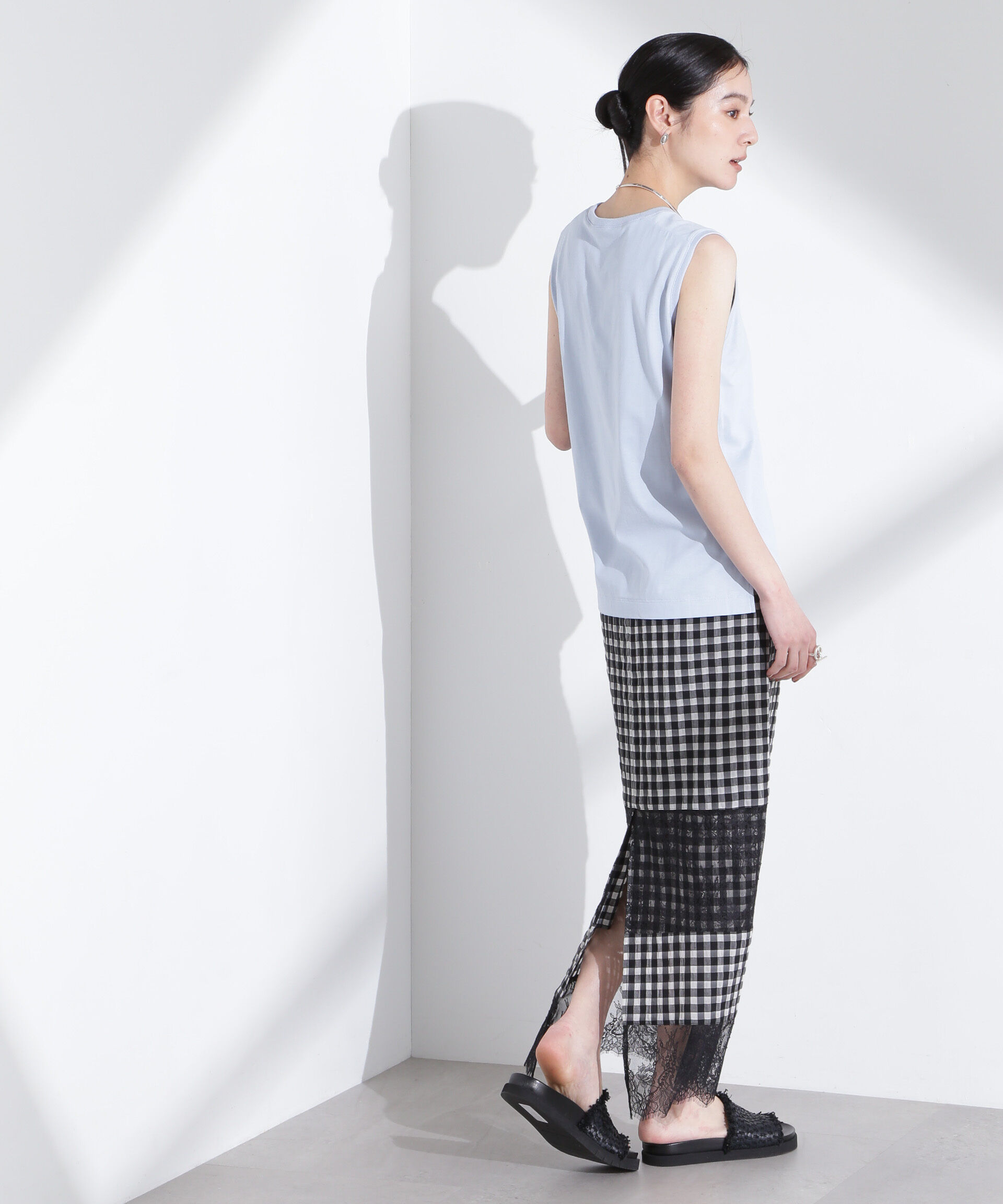 nano･universe「シアーチェックレースボーダーマキシスカート」|スカート|