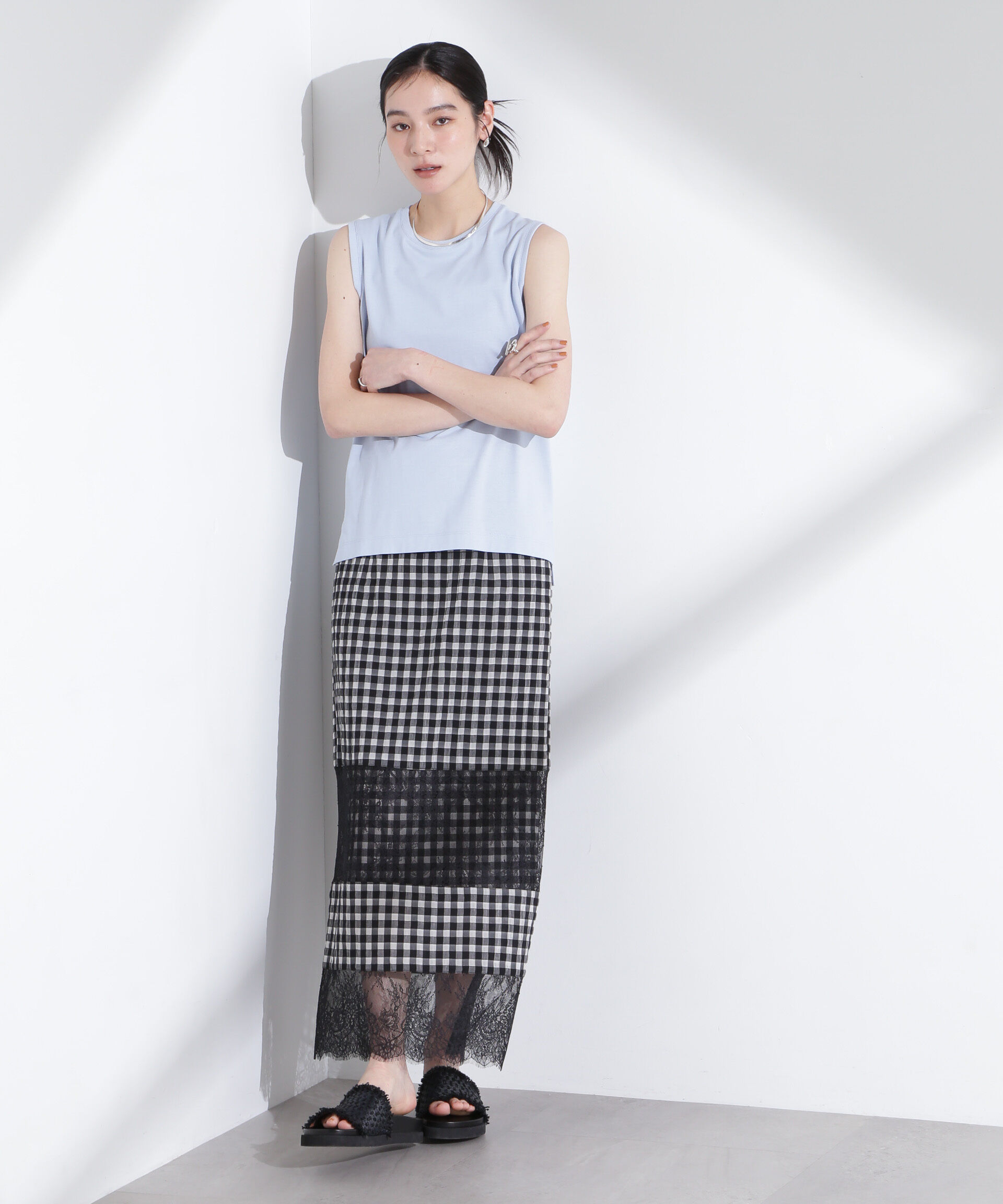 nano･universe「シアーチェックレースボーダーマキシスカート」|スカート|
