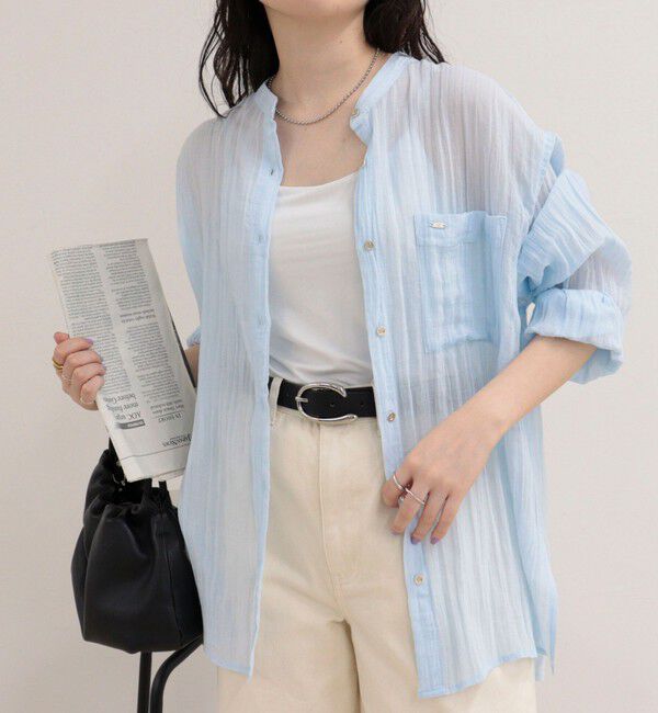 fredy emue「リネン混楊柳バンドカラーシャツ」|シャツ・ブラウス|サックス