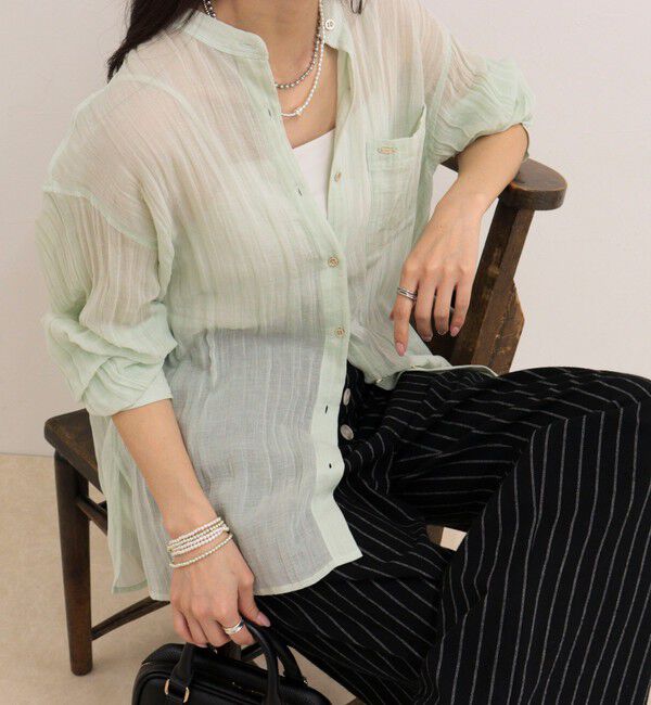 fredy emue「リネン混楊柳バンドカラーシャツ」|シャツ・ブラウス|ミントグリーン
